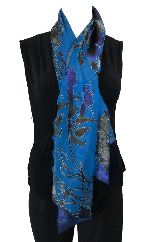 Scarf: Blue Art Nouveau Silk satin burnout