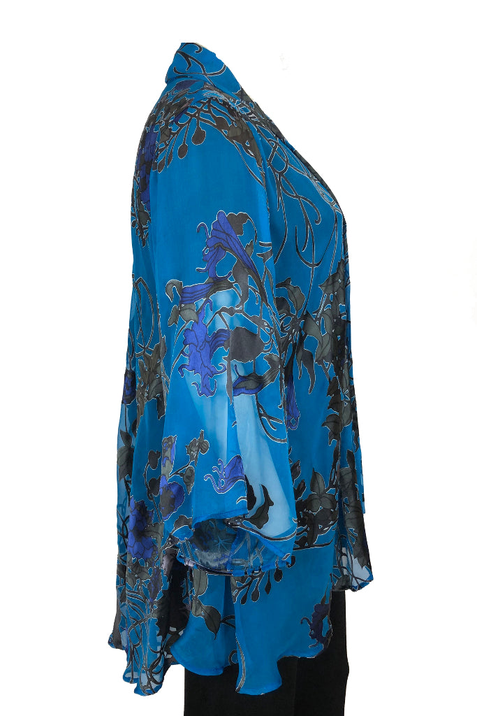 Sleeved hip coat Blue Art Nouveau Silk Satin