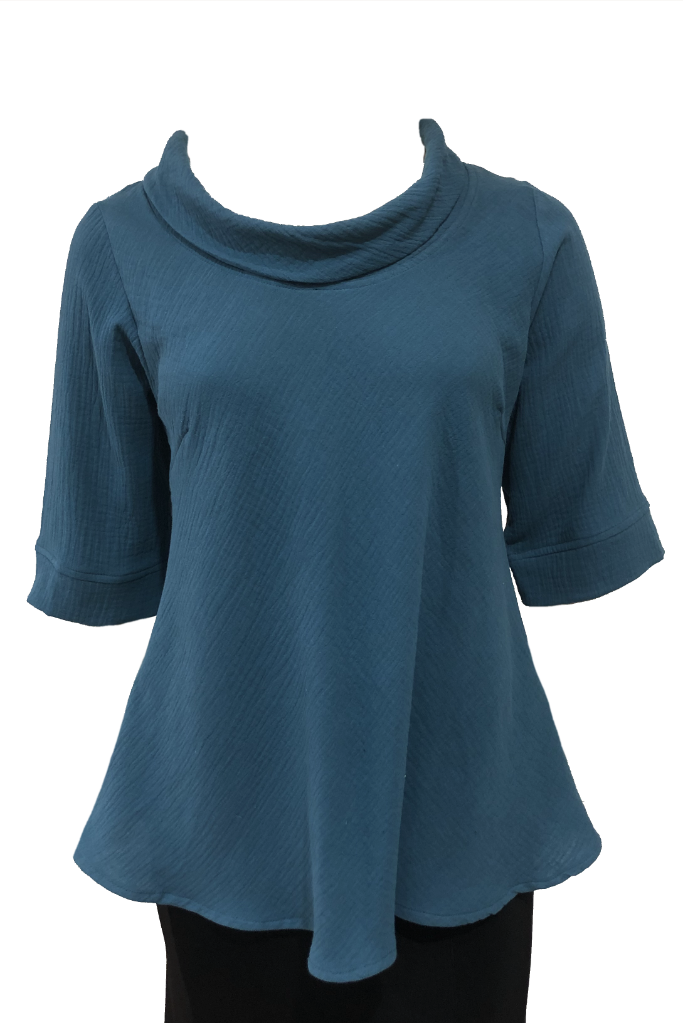 Roll Neck top Teal Waffle Cotton